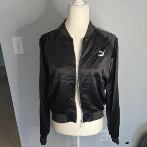 Puma Women's Black Bomber Jacket Size Large With Gray Stripe On Sleeves
